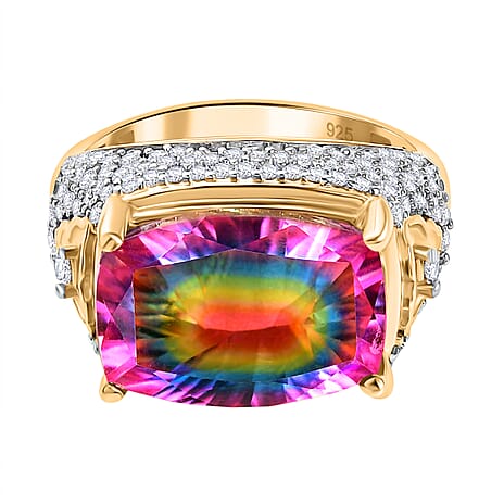 Galaxy Glow Nebula Quartz & White Zircon Ring in 18K Vermeil Yellow Gold Plated Sterling Silver 7.89 Ct.