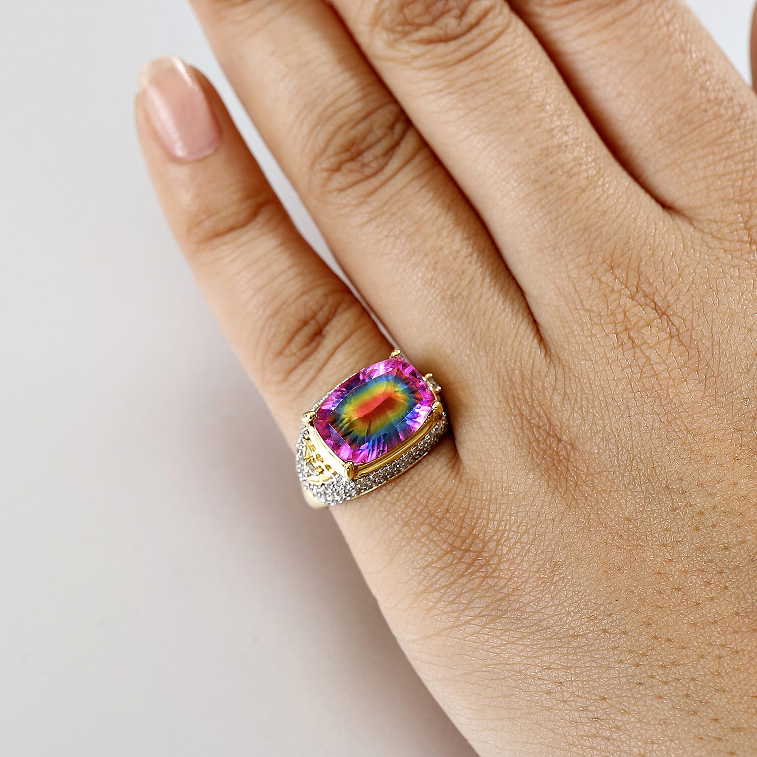 Galaxy Glow Nebula Quartz & White Zircon Ring in 18K Vermeil Yellow Gold Plated Sterling Silver 7.89 Ct.