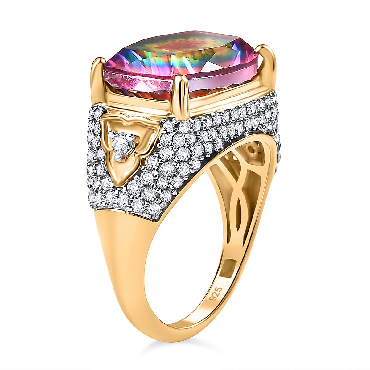 Galaxy Glow Nebula Quartz & White Zircon Ring in 18K Vermeil Yellow Gold Plated Sterling Silver 7.89 Ct.