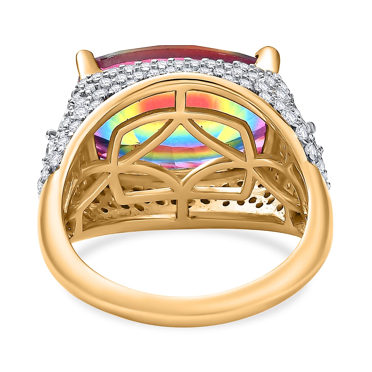 Galaxy Glow Nebula Quartz & White Zircon Ring in 18K Vermeil Yellow Gold Plated Sterling Silver 7.89 Ct.
