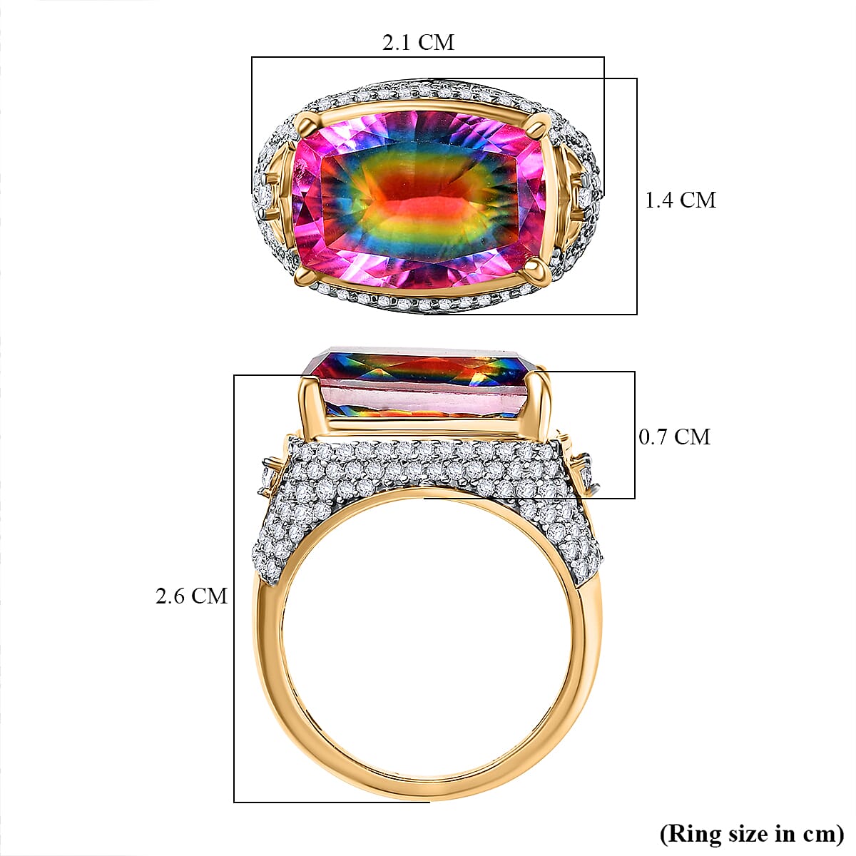 Galaxy Glow Nebula Quartz & White Zircon Ring in 18K Vermeil Yellow Gold Plated Sterling Silver 7.89 Ct.