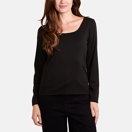 Misumi Scoop Neck Ribbed Long Sleeve Top (One Size, Fit Upto 18) - Black
