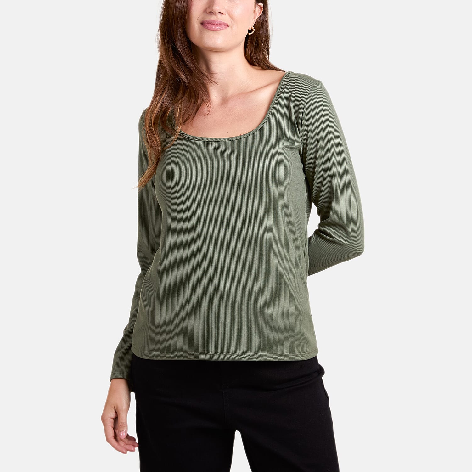 Misumi Scoop Neck Ribbed Long Sleeve Top (Size - One Size) - Khaki