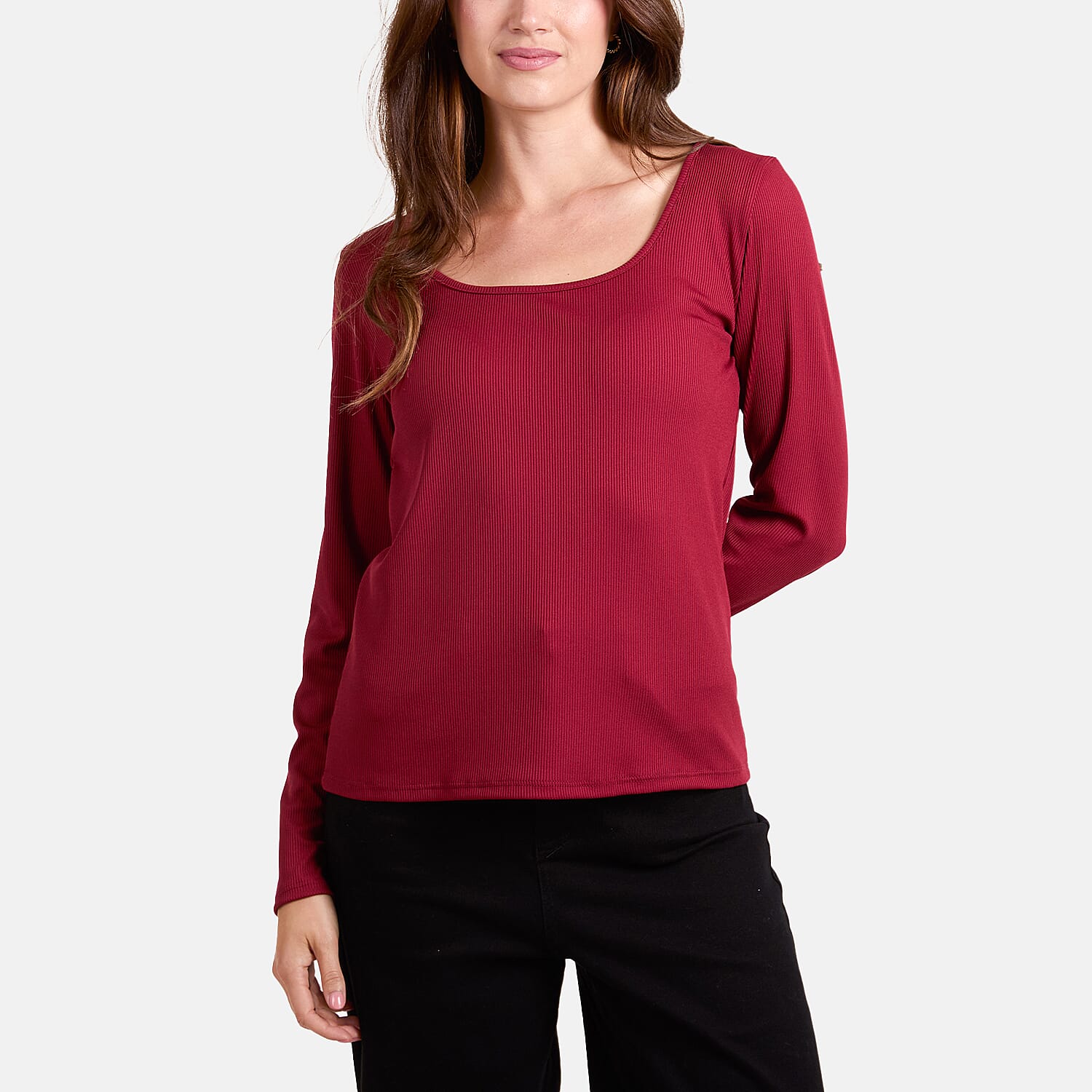 Misumi Scoop Neck Ribbed Long Sleeve Top (Size - One Size) - Wine