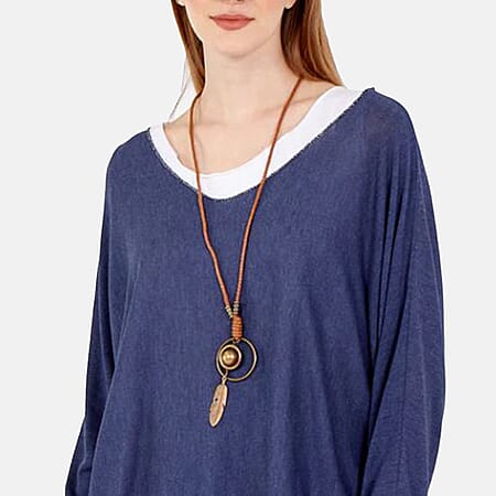 Misumi - Cotton Double Layer Top with Necklace (Size - One Size) - Navy