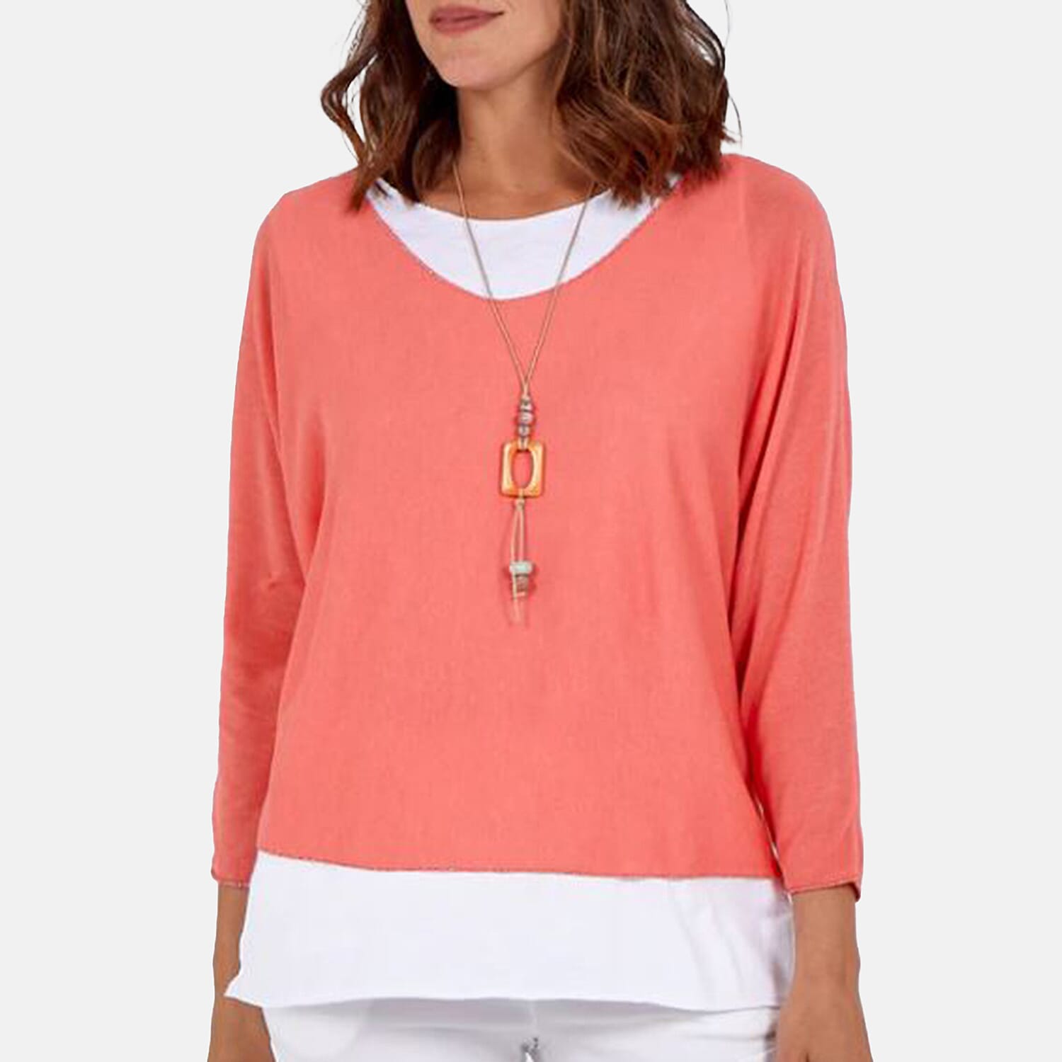 Misumi Cotton Double Layer Top with Necklace (One Size, Fit Upto 18) - Coral