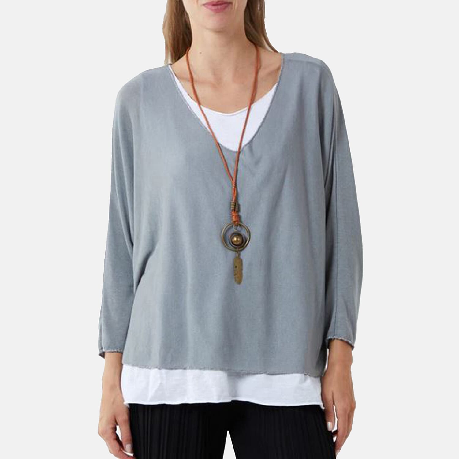 Misumi Cotton Double Layer Top with Necklace (One Size, Fit Upto 18) - Grey