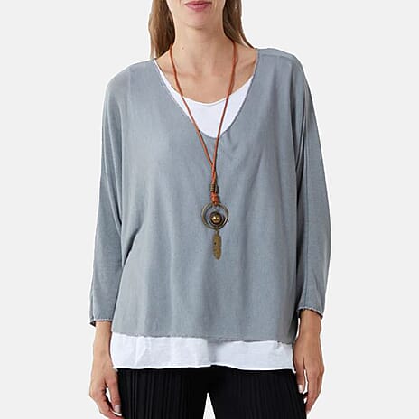 Misumi Cotton Double Layer Top with Necklace (One Size, Fit Upto 18) - Grey