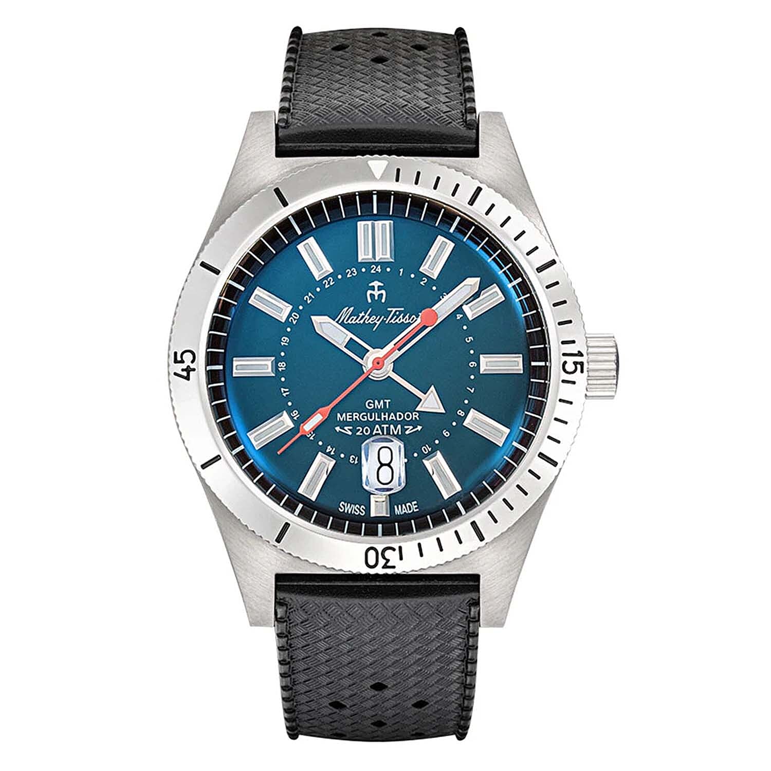 Mathey Tissot - Mergulhador GMT MRGABU Quartz Movt. 20ATM WR Blue Dial Mens Watch with Black Genuine Leather Strap