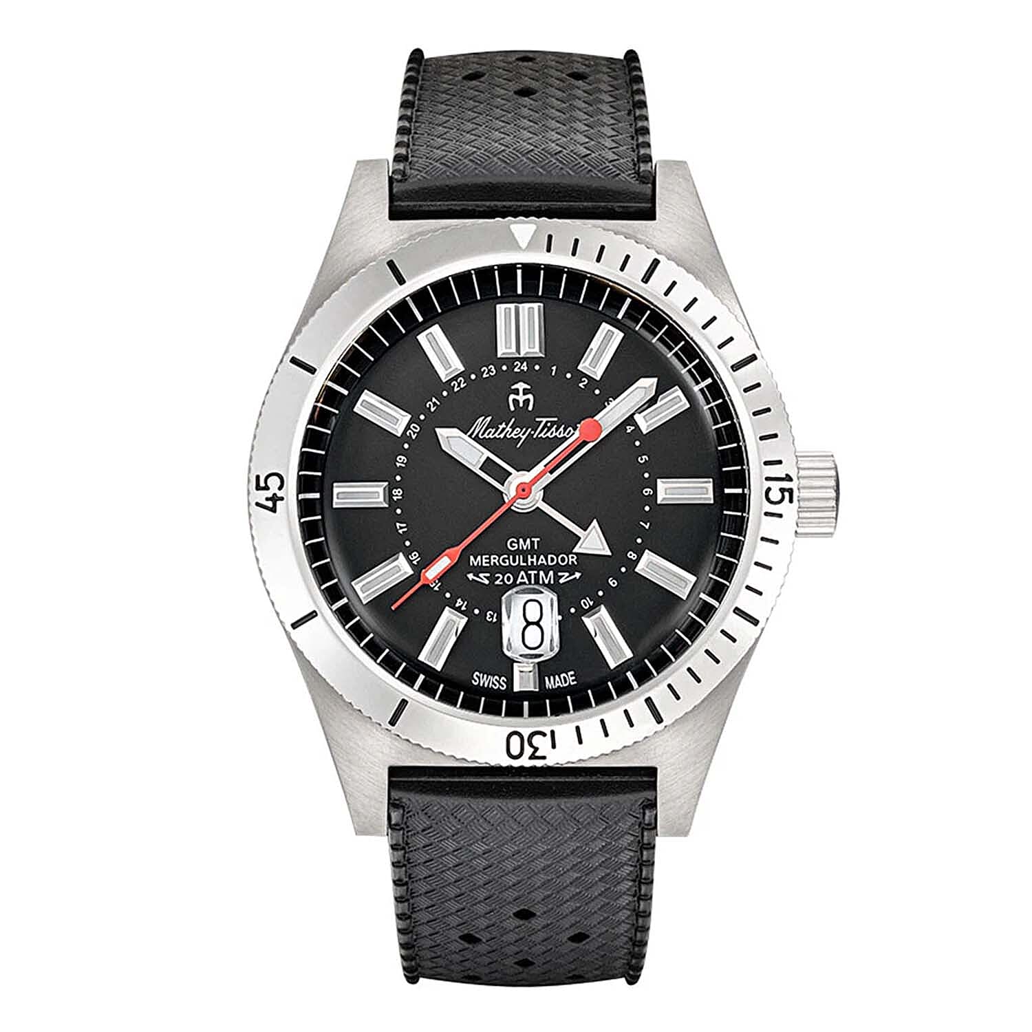 Mathey Tissot - Mergulhador GMT MRGAN Quartz Movt. 20ATM WR Black Dial Mens Watch with Black Genuine Leather Strap