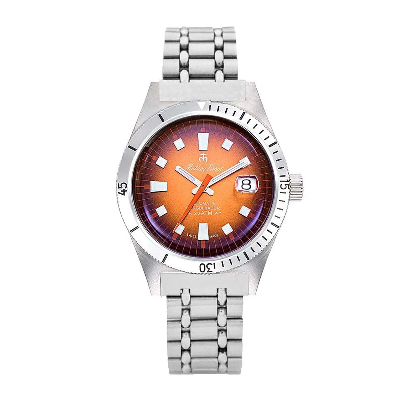 Mathey Tissot - Mergulhador MRG3 Automatic Movt. 20ATM WR Orange Dial Mens Watch with Silver Colour Stainless Steel Strap