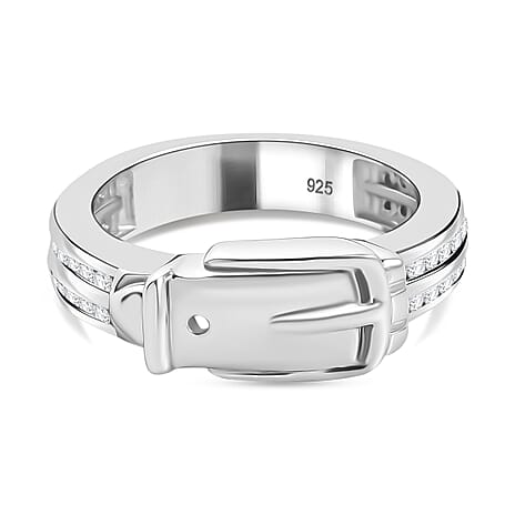 Moissanite Buckle Ring in Rhodium Overlay Sterling Silver