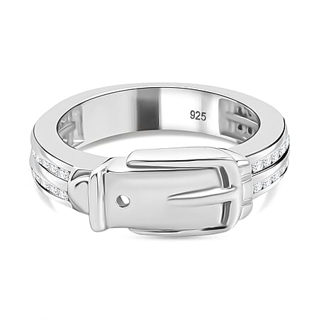 Moissanite Buckle Ring in Rhodium Overlay Sterling Silver Moissanite Buckle Ring in Rhodium Overlay Sterling Silver