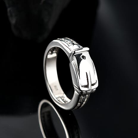 Moissanite Buckle Ring in Rhodium Overlay Sterling Silver