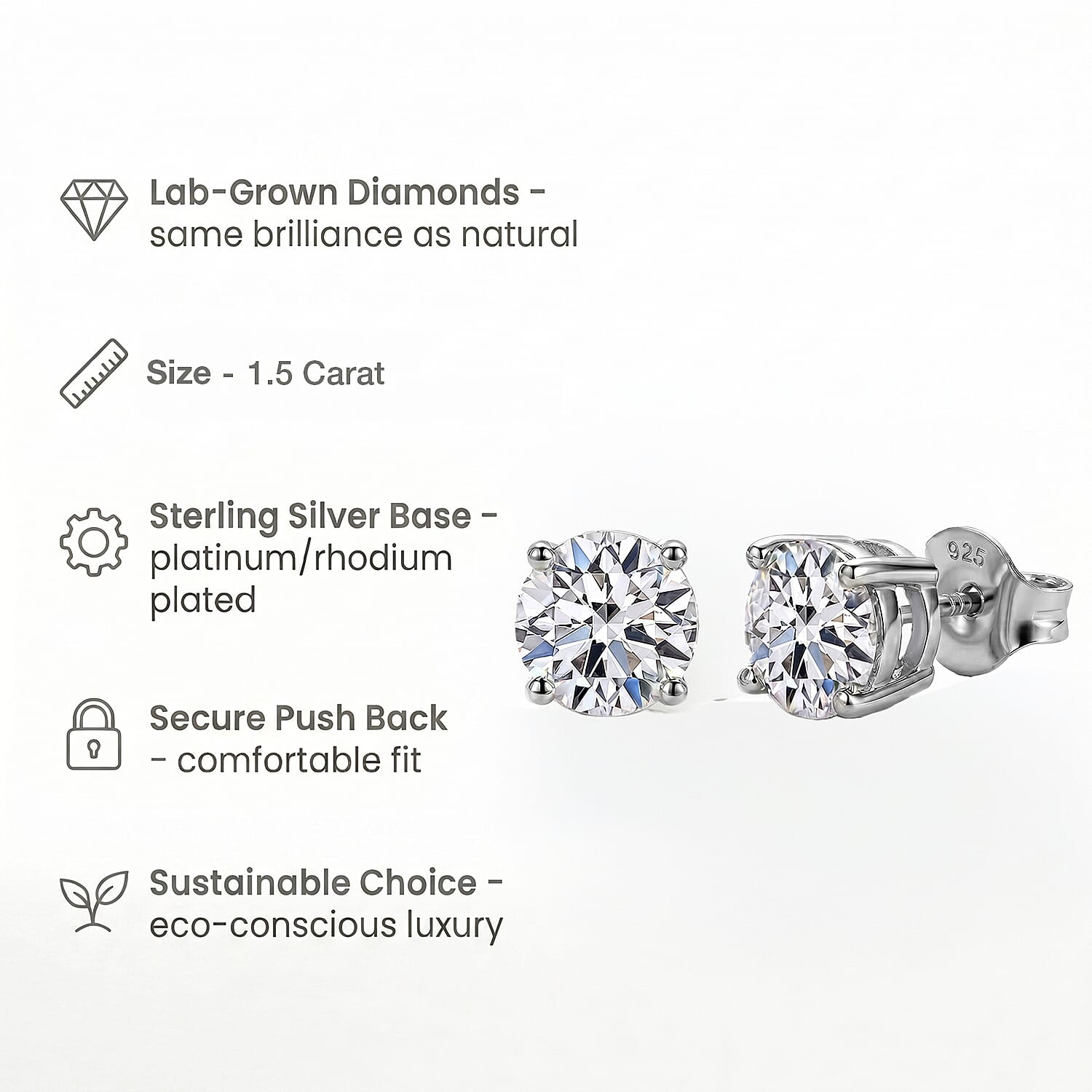 Luxuriant Diamond Lab Grown Diamond Push Back Stud Earrings in Platinum Overlay Sterling Silver 1.50 Ct.
