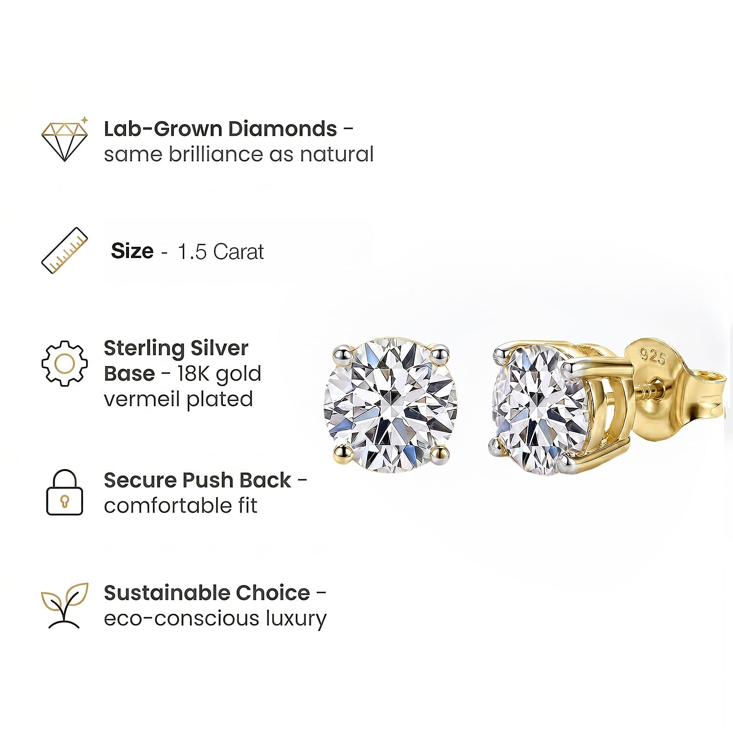Luxuriant Diamond Lab Grown Diamond Push Back Earrings in Vermeil Yellow Gold Plated Sterling Silver 1.5 Ct.