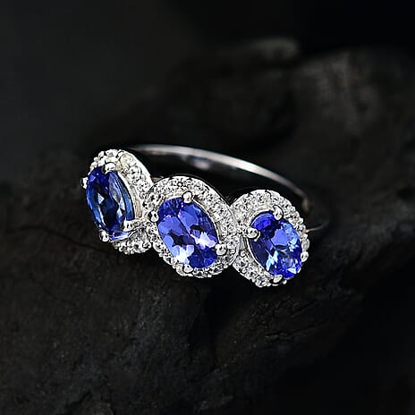 Premium Tanzanite & White Zircon Solitaire Ring in Rhodium Overlay Sterling Silver 2.00 Ct.
