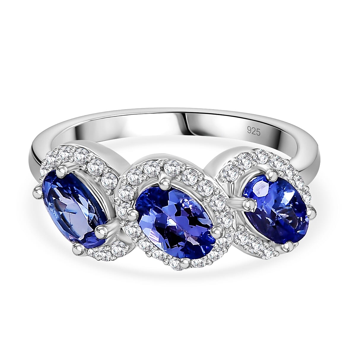 Tanzanite, White Zircon 3-Stone Ring in Rhodium Overlay Sterling Silver