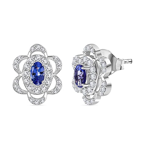 Tanzanite & White Zircon Cluster Halo Earring with Push Back in Rhodium Overlay Sterling Silver