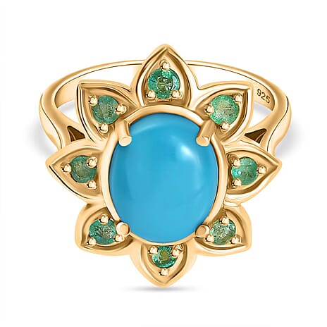Sleeping Beauty Turquoise & Emerald Solitaire Ring in 18K Vermeil Yellow Gold Plated Sterling Silver 2.62 Ct.