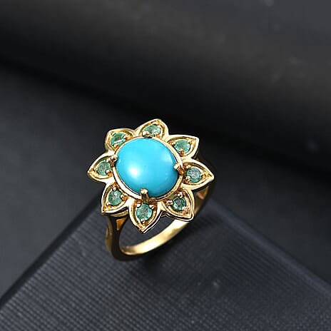 Sleeping Beauty Turquoise & Emerald Solitaire Ring in 18K Vermeil Yellow Gold Plated Sterling Silver 2.62 Ct.