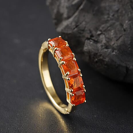 Natural Crimson Fire Opal Classic Grace 5 Stone Band Ring in 18K Vermeil Yellow Gold Plated Sterling Silver 1.13 Ct.