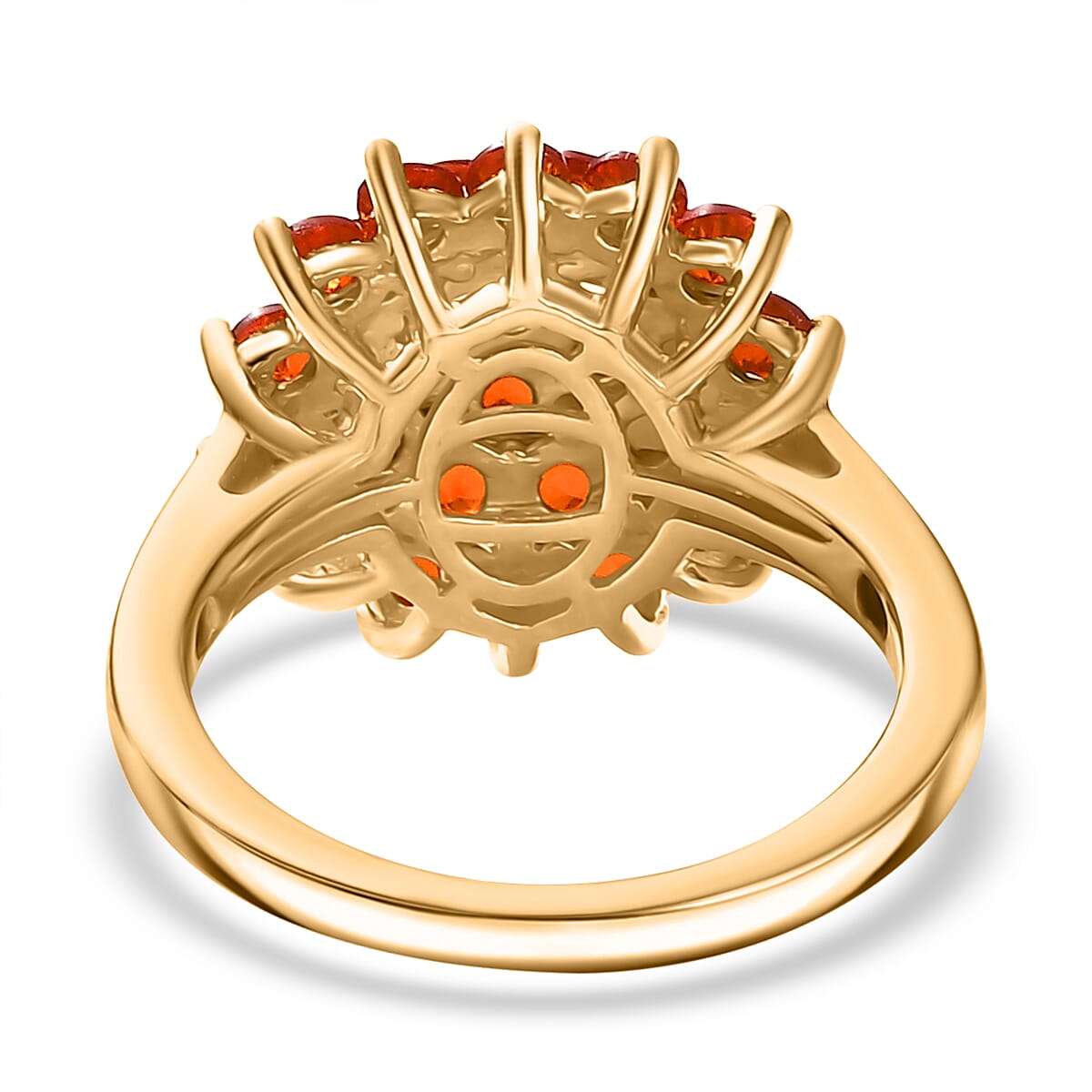 Natural Crimson Fire Opal Daisy Bloom Cluster Ring in 18K Vermeil Yellow Gold Plated Sterling Silver 1.45 Ct. Natural Crimson Fire Opal Daisy Bloom Cluster Ring in 18K Vermeil Yellow Gold Plated Sterling Silver 1.45 Ct.