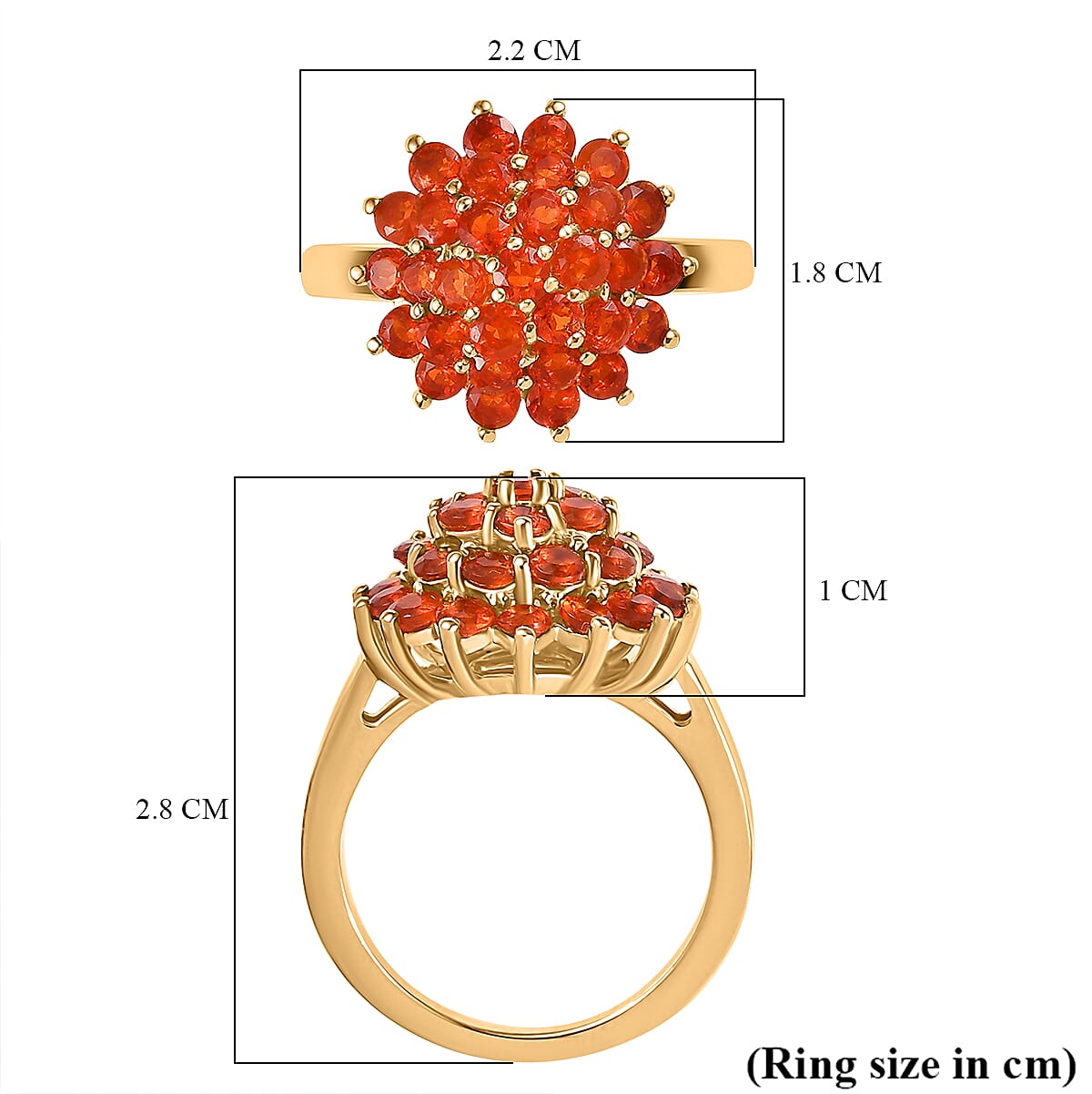 Natural Crimson Fire Opal Daisy Bloom Cluster Ring in 18K Vermeil Yellow Gold Plated Sterling Silver 1.45 Ct. Natural Crimson Fire Opal Daisy Bloom Cluster Ring in 18K Vermeil Yellow Gold Plated Sterling Silver 1.45 Ct.