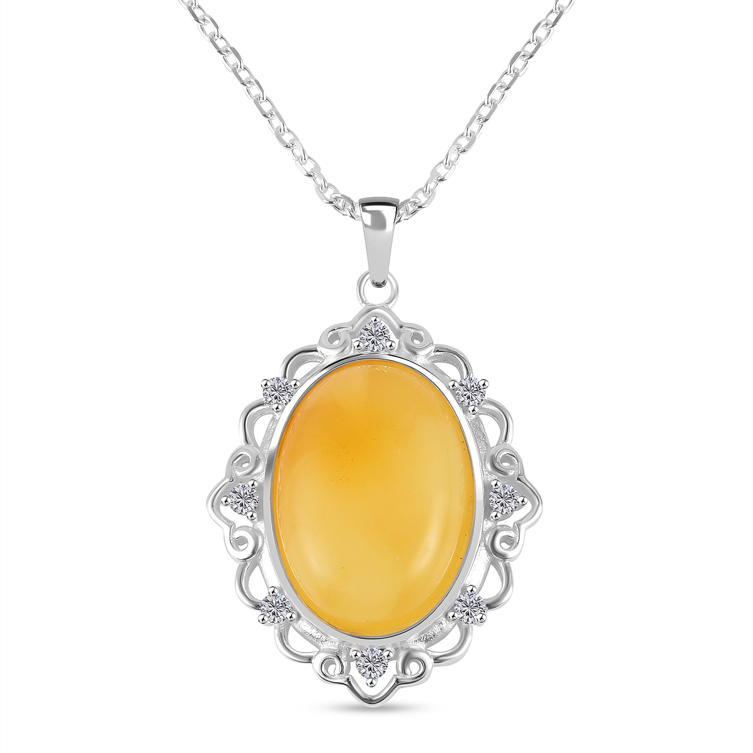 Tucson Find - Butterscotch Amber & White Zircon Pendant with Chain in Sterling Silver 10.30 Ct.