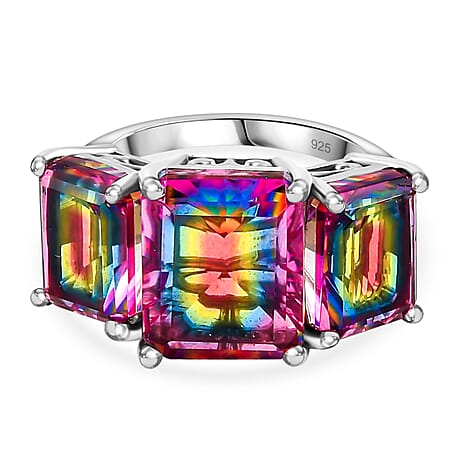 Nebula Quartz Doublet  3 Stone Ring in Rhodium Overlay Sterling Silver 9.75 ct  9.507  Ct.