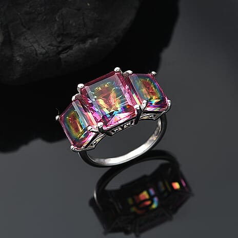 Nebula Quartz Doublet  3 Stone Ring in Rhodium Overlay Sterling Silver 9.75 ct  9.507  Ct.