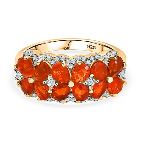 Natural Crimson Fire Opal & White Zircon Tropical Bloom Cluster Ring in 18K Vermeil Yellow Gold Plated Sterling Silver 1.62 Ct.