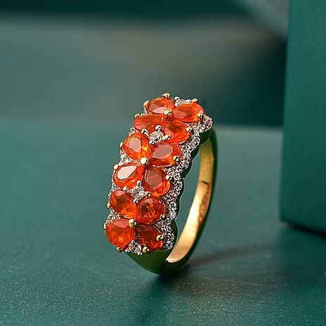 Natural Crimson Fire Opal & White Zircon Tropical Bloom Cluster Ring in 18K Vermeil Yellow Gold Plated Sterling Silver 1.62 Ct.