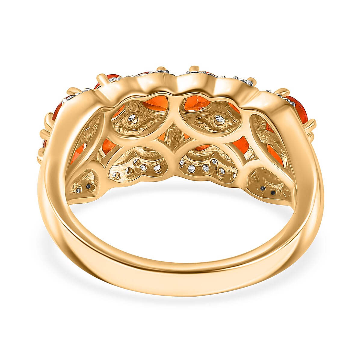 Natural Crimson Fire Opal & White Zircon Tropical Bloom Cluster Ring in 18K Vermeil Yellow Gold Plated Sterling Silver 1.62 Ct. Natural Crimson Fire Opal & White Zircon Tropical Bloom Cluster Ring in 18K Vermeil Yellow Gold Plated Sterling Silver 1.62 Ct.