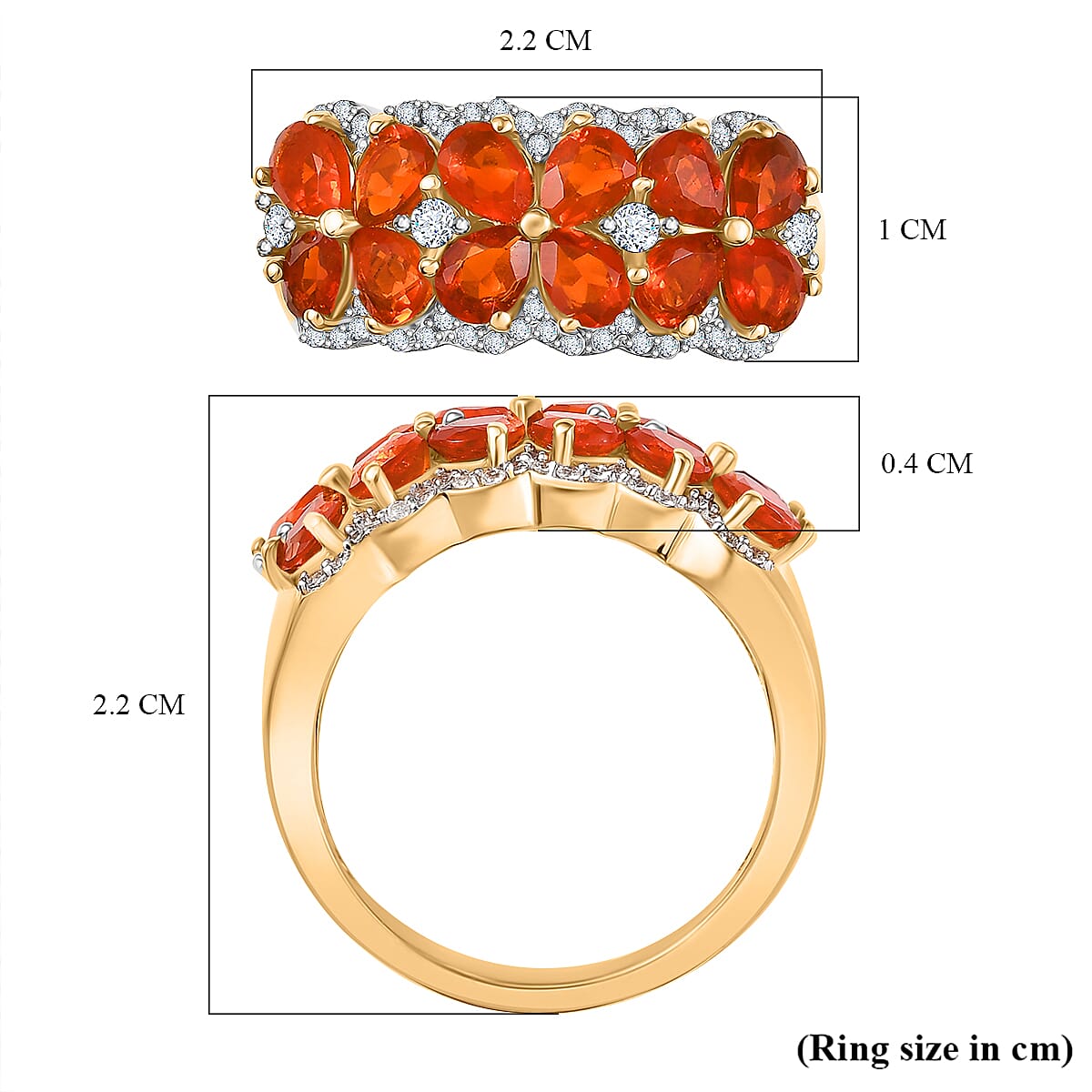 Natural Crimson Fire Opal & White Zircon Tropical Bloom Cluster Ring in 18K Vermeil Yellow Gold Plated Sterling Silver 1.62 Ct. Natural Crimson Fire Opal & White Zircon Tropical Bloom Cluster Ring in 18K Vermeil Yellow Gold Plated Sterling Silver 1.62 Ct.