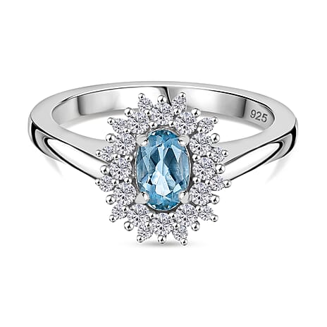 Santamaria Aquamarine & White Zircon Ring in Rhodium Overlay Sterling Silver.