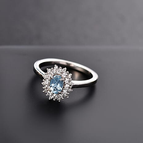 Santamaria Aquamarine & White Zircon Ring in Rhodium Overlay Sterling Silver.