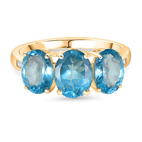 Glenstones Special - 9K Yellow Gold Lagoon Apatite & White Diamond Trilogy Ring 4.61 Ct.