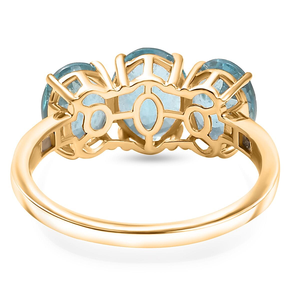 Glenstones Special - 9K Yellow Gold Lagoon Apatite & White Diamond Trilogy Ring 4.61 Ct. Glenstones Special - 9K Yellow Gold Lagoon Apatite & White Diamond Trilogy Ring 4.61 Ct.