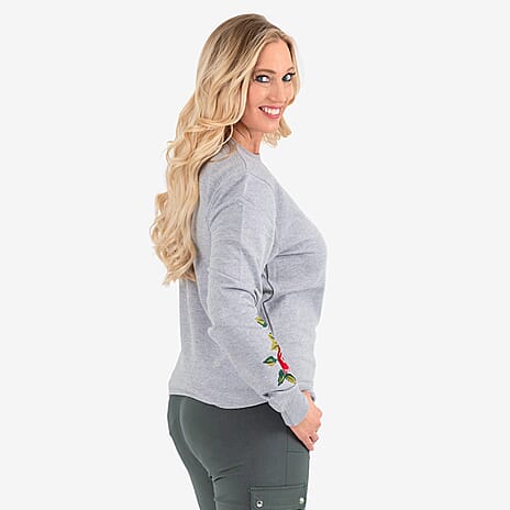 Ladies Cotton Embroidery Sleeves Sweatshirt (Size M) - Grey