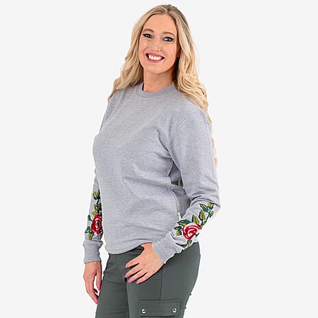 Ladies Cotton Embroidery Sleeves Sweatshirt (Size S) - Grey