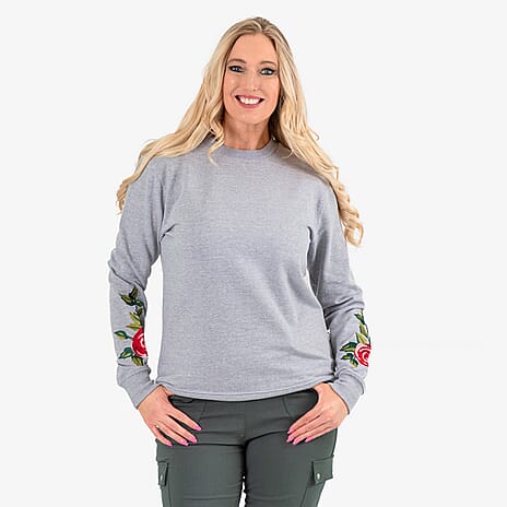 Ladies Cotton Embroidery Sleeves Sweatshirt (Size XS) - Grey