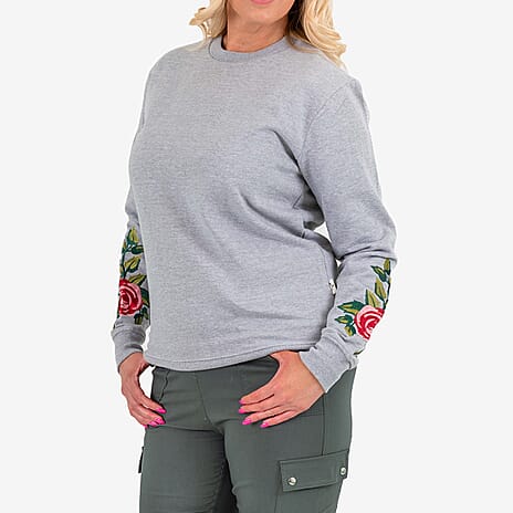Ladies Cotton Embroidery Sleeves Sweatshirt (Size XS) - Grey