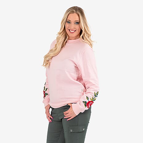 Ladies Cotton Embroidery Sleeves Sweatshirt (Size XL) - Pink