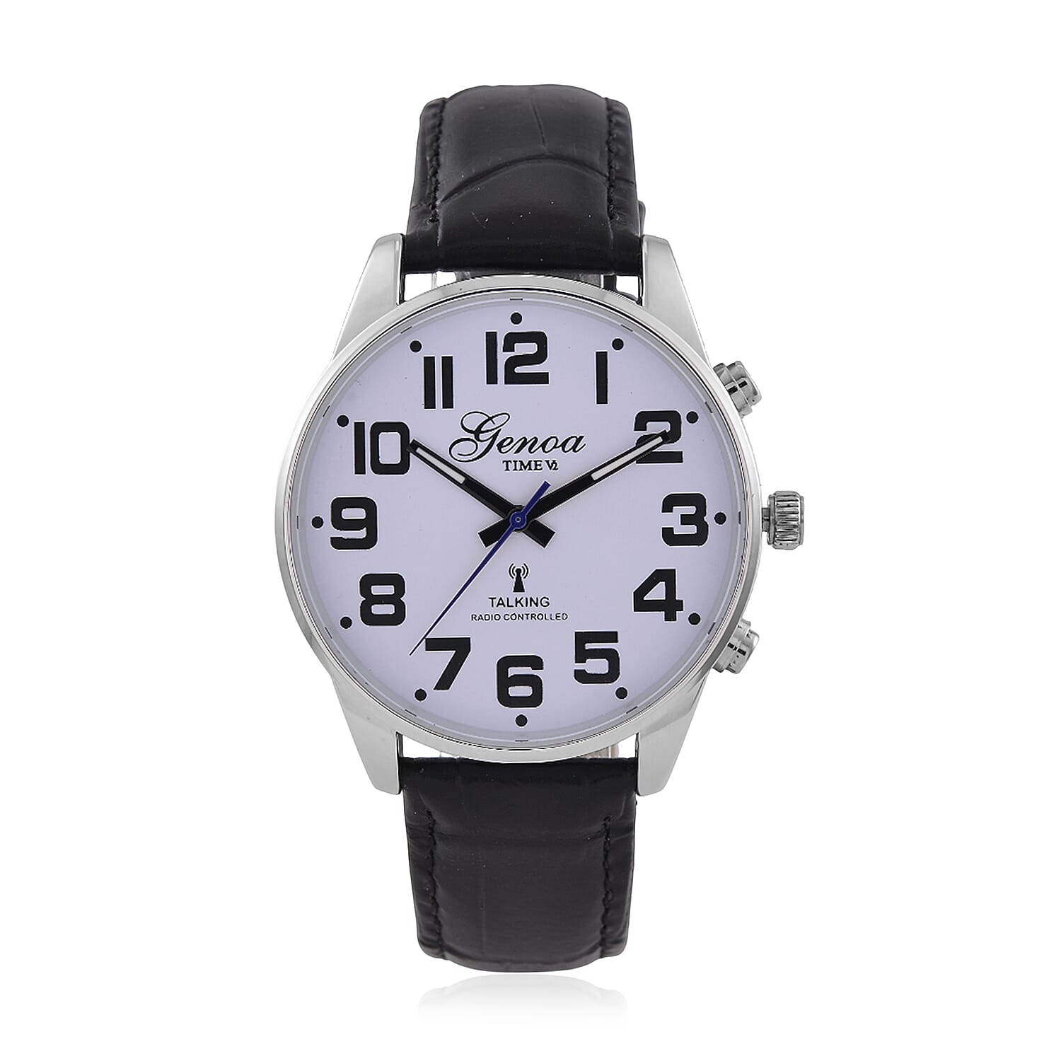 GENOA TIME V2 Quartz Movt. 3ATM Water Resistant White Dial Talking Watch with Black Colour Leather Strap and Silver-Tone Case
