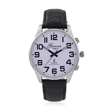 GENOA TIME V2 Quartz Movt. 3ATM Water Resistant White Dial Talking Watch with Black Colour Leather Strap and Silver-Tone Case