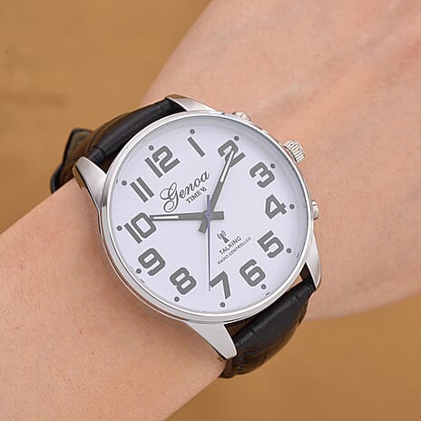 GENOA TIME V2 Quartz Movt. 3ATM Water Resistant White Dial Talking Watch with Black Colour Leather Strap and Silver-Tone Case