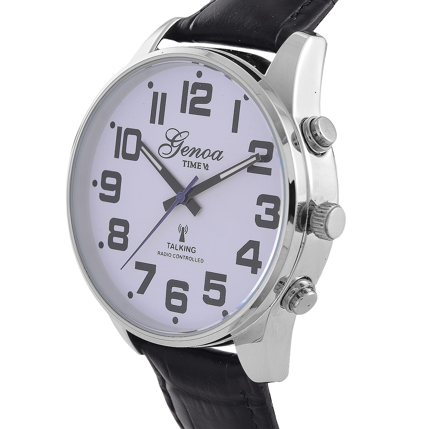 GENOA TIME V2 Quartz Movt. 3ATM Water Resistant White Dial Talking Watch with Black Colour Leather Strap and Silver-Tone Case