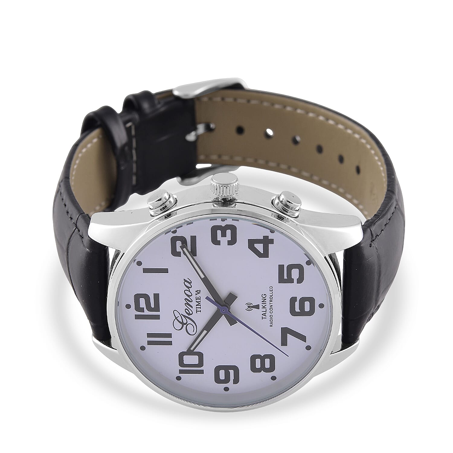 GENOA TIME V2 Quartz Movt. 3ATM Water Resistant White Dial Talking Watch with Black Colour Leather Strap and Silver-Tone Case