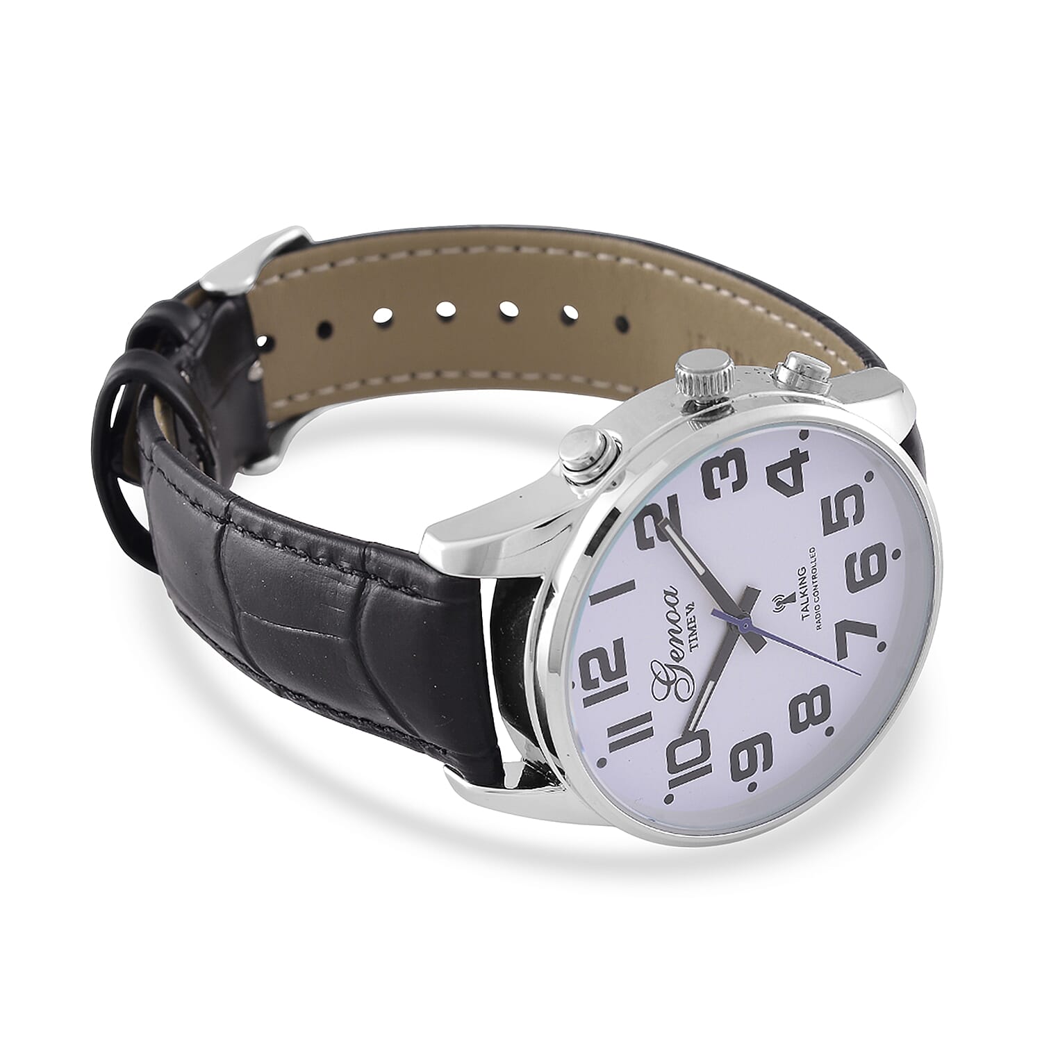 GENOA TIME V2 Quartz Movt. 3ATM Water Resistant White Dial Talking Watch with Black Colour Leather Strap and Silver-Tone Case